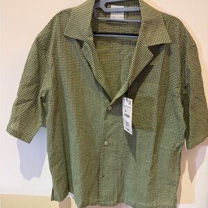 Zara Olive Green Checked Short Sleeve Button-Down Shirt